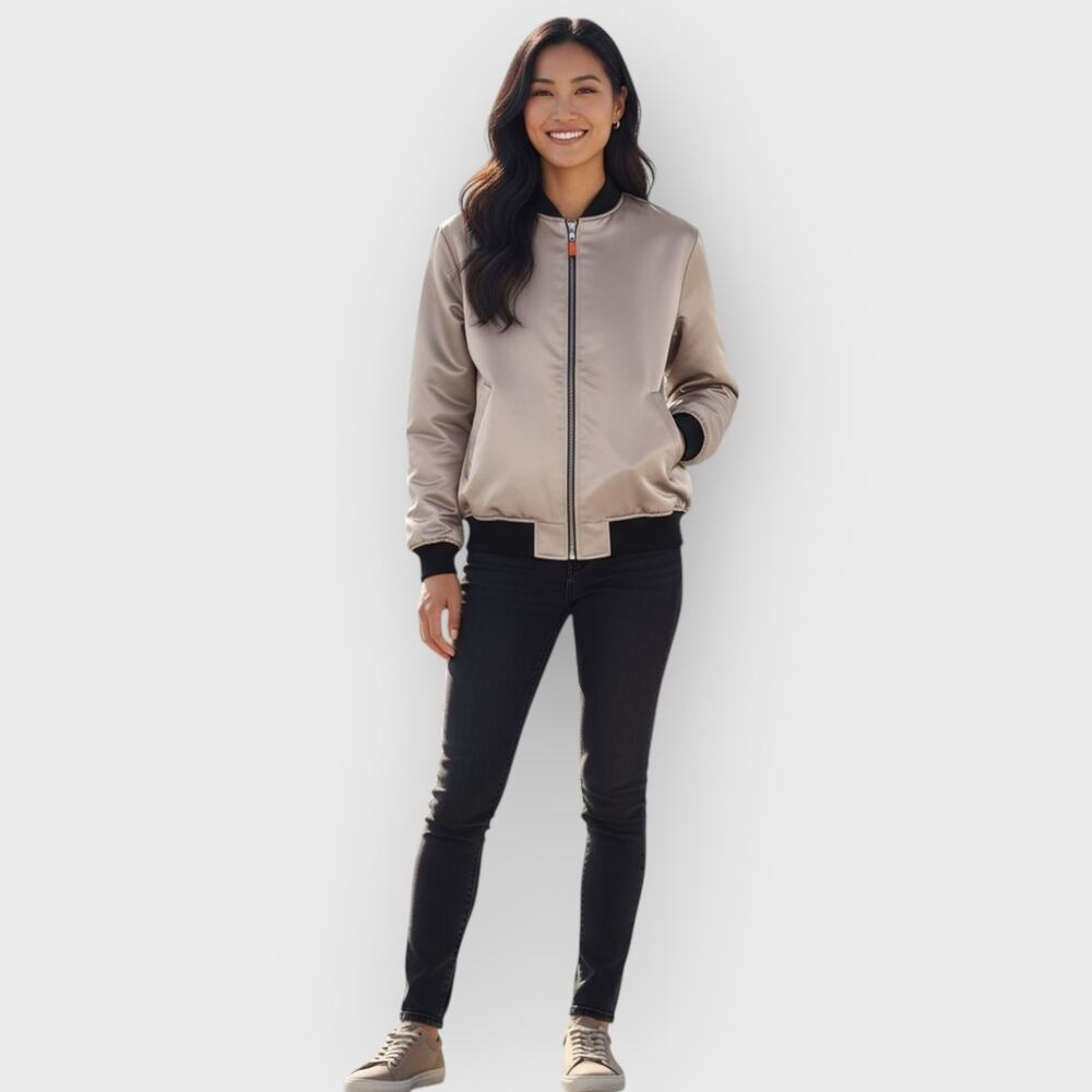 ASOS Rose Gold Zip Bomber Jacket Size 12 Long Sleeve Pocket Casual